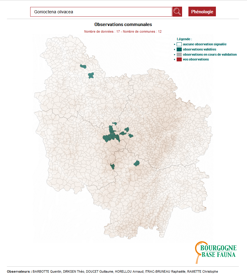 Carte de répartition communale de Gonioctena olivacea (actualisée le 10/01/2021, source Bourgogne Base Fauna)