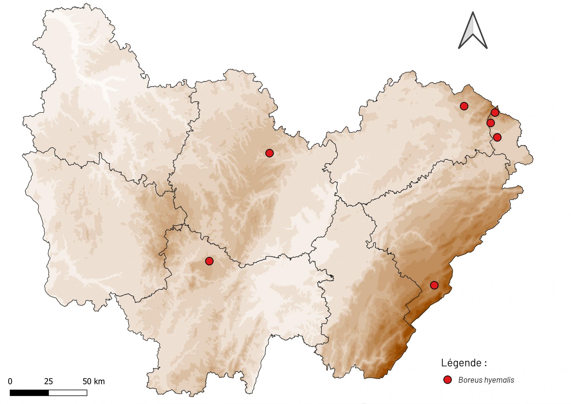 Carte 2 : répartition de la Puce des neiges en Bourgogne-Franche-Comté. Source des données : base Taxa (CBNFC-ORI et Opie-Franche-Comté) et Bourgogne Base Fauna (SHNA-OFAB)